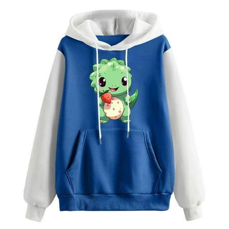 GWAABD Sweatshirt for Women Trendy Fall Winter Cute Dinosaur Print Pullover Long Sleeve Color Block Patchwork Tops Preppy Style Hoodie Drawstring Hood