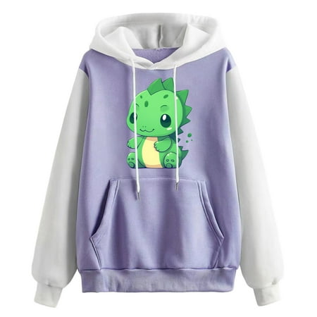 CLZOUD Hooded Sweaters for Women Color Block Patchwork Pullover Winter Cute Dinosaur Print Oversized Hoodie Long Sleeve Loose Sweatshirt with Pocket P
