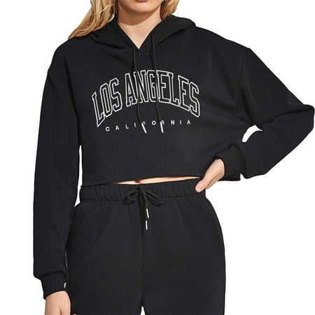 CLZOUD Hoodie Sweatshirt Casual Letter Print Loose Pullover Fashion Drawstring Hooded Sweatshirt Long Sleeve Cropped Tops Black M