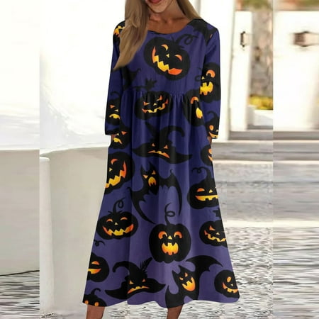 Umitay a Line Dresses for Women 2564 Women S Print Round Neck Long Sleeved Casual Dress with Pockets
