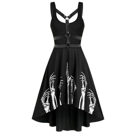 Tiqkatyck Spring Dresses for Women 2024  Women Sleeveless Skeleton Print Ghost Claw Print Insert High Low Dress  Summer Dresses for Women 2024 Black