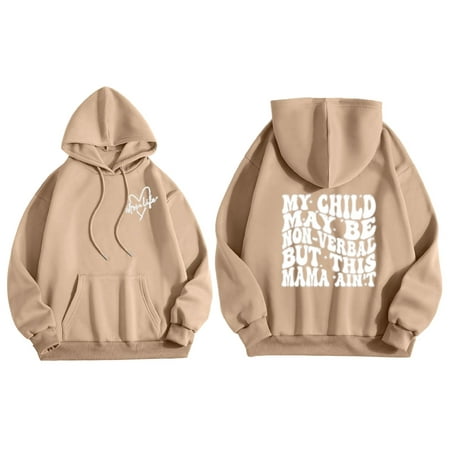 GWAABD Women S Hooded Sweatshirt Casual Long Sleeve Pullover Letter Graphic Print with Pockets Drawstring Hooded Hoodie Sweatshirt Tops Khaki XL