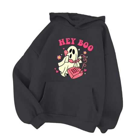 GWAABD Trendy Sweatshirts for Women Casual Fashion Pullover Cute Ghost Print Casual Hoodie with Hooded Pocket Ladies Sweatshirts Lady Black L