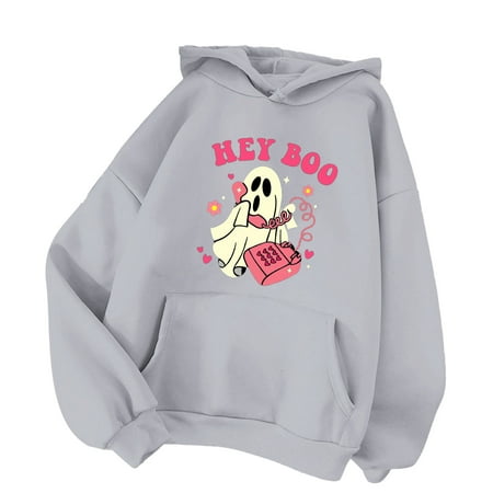 GWAABD Women S Hooded Sweatshirt Casual Fashion Pullover Cute Ghost Print Casual Hoodie with Hooded Pocket Ladies Sweatshirts Lady Grey M