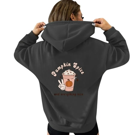 GWAABD Woman Hoodies Cup Print Casual Hooded Solid Color Pullover Long Sleeve Pocket Sweatshirt Grey XL