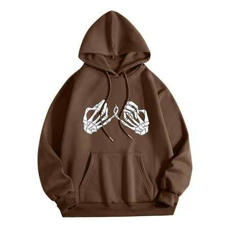 GWAABD Women Hoodies Casual Skeleton Hand Print Plus Size Drawstring Hooded Pullover Drop Shoulder Long Sleeve with Pocket Hoodie Daily Outdoor Workou