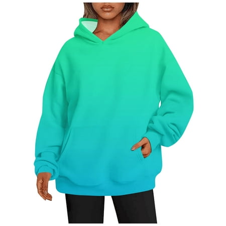 GWAABD Sweatshirt for Women Hoodies Fall Casual Colorful Gradient Print Pullover Long Sleeve with Pockets Hooded Green XL