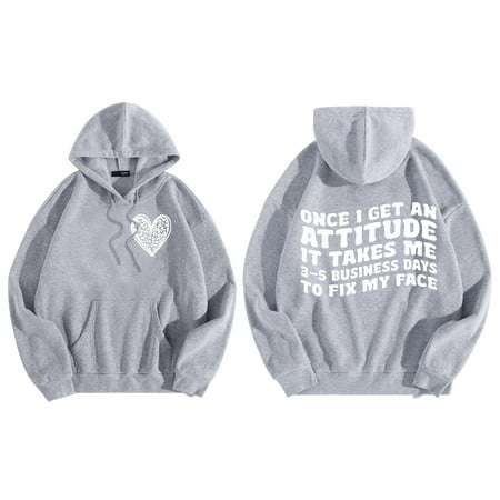 GWAABD Womens Hoodie Casual Long Sleeve Pullover Letter Graphic Print with Pockets Drawstring Hooded Hoodie Sweatshirt Tops Grey M