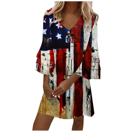 QUYUON Women Dresses Casual Clearance Casual V-Neck Print 3/4 Sleeve Fold Mini Dress Wedding Dresses for Bride MIDI a-Line Dress Style D-5954 Wine 3XL