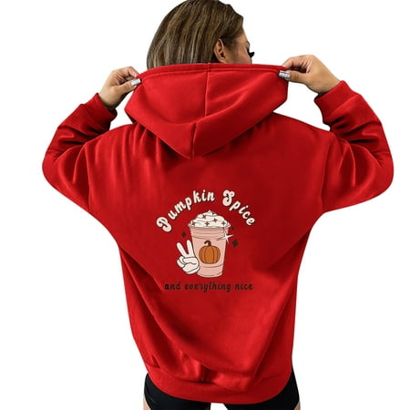 GWAABD Hooded Sweaters for Women Cup Print Casual Hooded Solid Color Pullover Long Sleeve Pocket Sweatshirt Red L