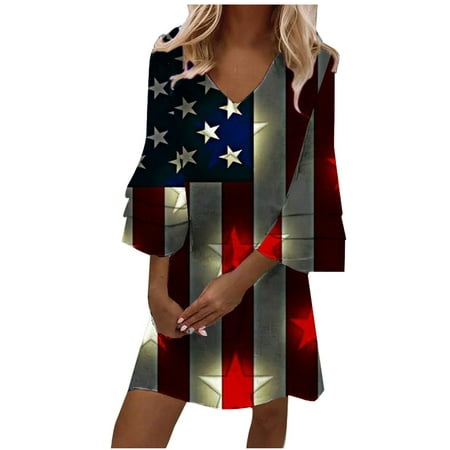 QUYUON Prom Dresses for Women Clearance Casual V-Neck Print 3/4 Sleeve Fold Mini Dress Elegant Dresses Women MIDI T-Shirt Dress Style D-5797 Gray XL