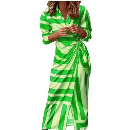 QUYUON Womens Dress Clearance Print Cardigan Lace-up Striped Print Dress Women Sweater Dress V-Neck Long Sleeve Knee Length Boho Dress Style D-7751 Gr