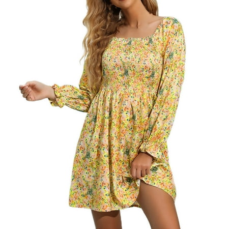 QUYUON Formal Dresses for Women Plus Size Clearance Squared Neckline Long Sleeve Dress Boho Dresses Women Crew Neck MIDI Sweater Dress Style D-9585 Ye