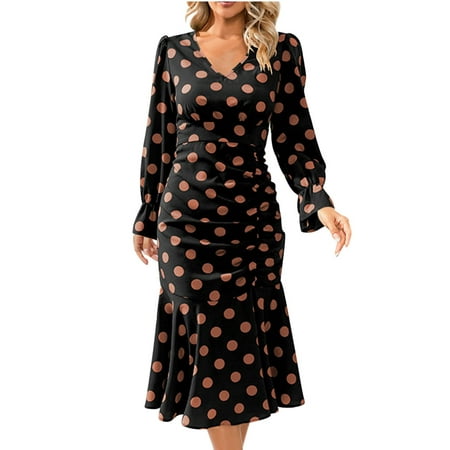 QUYUON Trendy Dresses Clearance V Neck Long Sleeve Polka Dots Printed Dresses Plus Size Sequin Dresses MIDI Shirt Dress Style D-6990 Black S