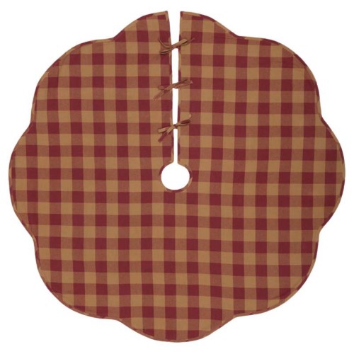 VHC Brands 60 in. Burgundy Check Red Primitive Christmas Decor Scalloped Tree Skirt