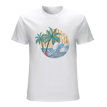 Beach Wave Graphic Print Design Vintage T-shirt Mens Cotton Classic Crewneck Short Sleeve Tees Unisex White L