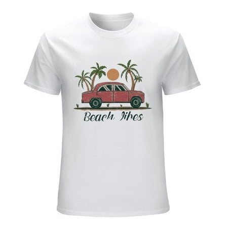 Beach Vibes with Vehicle Vintage Graphic Vintage T-shirt Mens Cotton Classic Crewneck Short Sleeve Tees Unisex White L