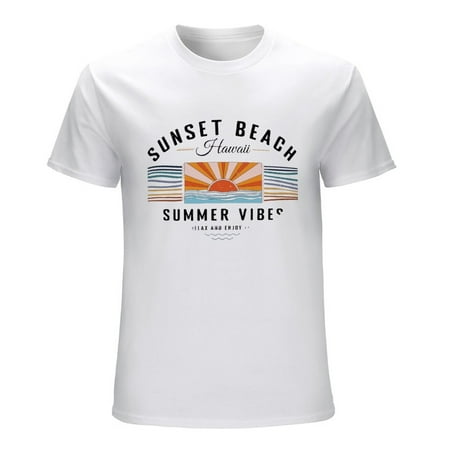 Hawaii Sunset Beach Graphic Print Vintage T-shirt Mens Cotton Classic Crewneck Short Sleeve Tees Unisex White L