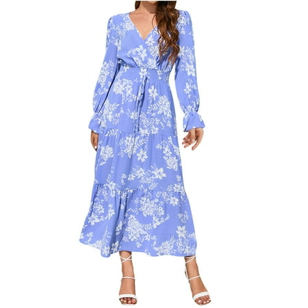 QUYUON Womens Long Dresses Clearance V Neck Long Sleeve Solid Pleated Dresses Dresses for Wedding MIDI a-Line Dress Style D-6974 Blue S
