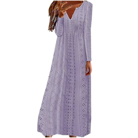 QUYUON Club Dresses Clearance Winter Casual V-Neck Long Sleeve Button Long Dress Sunflower Dresses Women Mid-Length a-Line Dress Style D-8306 Purple L