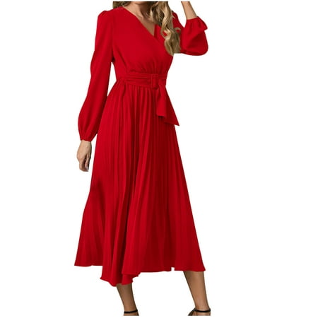 QUYUON Ladies Dresses Clearance Summer Pleated Belt Long Sleeve V-Neck a-Line Dress Fall Maxi Dresses Women MIDI Ball Gown Dress Style D-5499 Red XXL