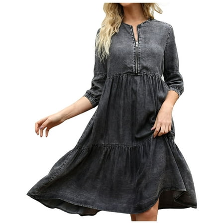 QUYUON Fall Plus Size Dresses Clearance Solid 3/4 Sleeves Round Neck Maxi Summer Zipper Loose Dress Women Dresses Casual MIDI Boho Dress Style D-9335 