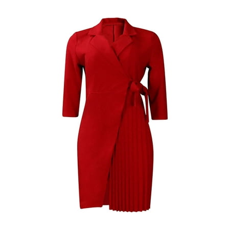 QUYUON Sweatshirt Dress Women Clearance Casual Pleated Belted 3/4-Sleeve V-Neck Dress Maxi Dress Women Fall MIDI Boho Dress Style D-6755 Red L