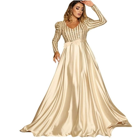 QUYUON Trendy Dresses Clearance Round Neck Long Sleeve Sequin Dress Plus Size Sequin Dresses Ankle Length Shirt Dress Style D-4962 Beige XL