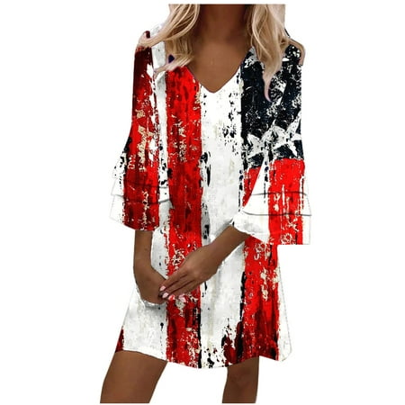 QUYUON Women S Club & Night Out Dresses Clearance Casual V-Neck Print 3/4 Sleeve Fold Mini Dress Women Dresses MIDI Ball Gown Dress Style D-6051 Wine 