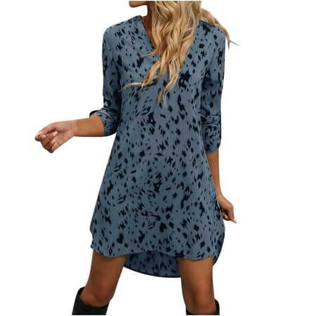 QUYUON Party Dresses Clearance Comfortable Loose Casual Printed V-Neck Dress Short Homecoming Dresses Long Sleeve MIDI T-Shirt Dress Style D-5509 Blue