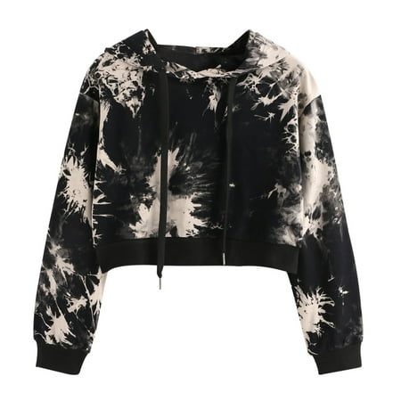 CLZOUD Hoodie Sweatshirts for Women Fashion Tie-Dyed Print Loose Pullover Long Sleeve Hoodie Button V Neck Sweatshirt Drawstring Hooded Clothes Blue M