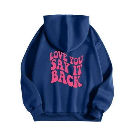GWAABD Women Sweatshirts Fashion Letter Print Pullover Long Sleeve with Drawstring Hooded Hoodies Drop Shoulder Tops Plus Size Sweatshirt Dark Blue L