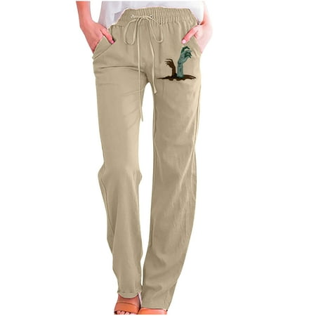 Lovskoo 2024 Women S Cotton Linen Pants Summer Straight Wide Leg Pants Halloween Ghost Hand Print Drawstring High Waisted Trousers Loose Fit Comfy Pal