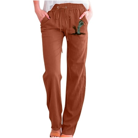Lovskoo 2024 Women S Cotton Linen Pants Summer Straight Wide Leg Pants Halloween Ghost Hand Print Drawstring High Waisted Trousers Loose Fit Comfy Pal