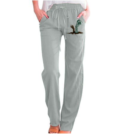 Lovskoo 2024 Women S Cotton Linen Pants Summer Straight Wide Leg Pants Halloween Ghost Hand Print Drawstring High Waisted Trousers Loose Fit Comfy Pal