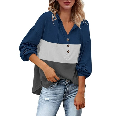 CLZOUD Womens Hoodie Casual Color Block Patchwork Pullover Drawstring Hooded Long Sleeves Hoodie Button V Neck Sweaters Tops Blue M