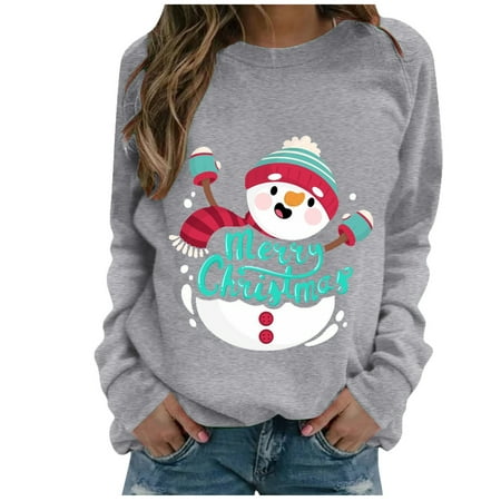 CLZOUD Womens Hoodless Sweatshirt Chirstmas Snowman Print Loose Pullover Long Sleeve Casual Blouse Crew Neck Sweatshirt Grey L