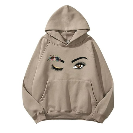 GWAABD Sweatshirt for Women Trendy Solid Basic Letter Loose Hoodie Sweatshirt Long Sleeve Pocket Drop Shoulder Pullovers Top Khaki XL