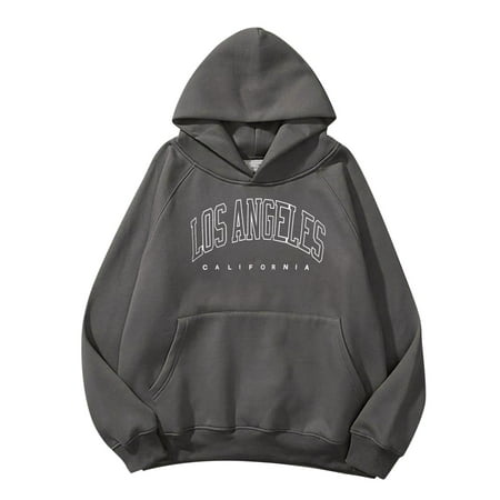 GWAABD Woman Sweatshirt Basic Letter Loose Hoodie Sweatshirt Long Sleeve Pocket Drop Shoulder Pullovers Top Grey M