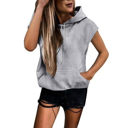 GWAABD Women Sweatshirts Plus Size Fashion Solid Hooded Sweatshirt Short Sleeve Loose Blouse Top Grey XXL
