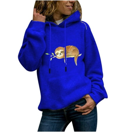 CLZOUD Trendy Sweatshirts for Women Winter Casual Sloth Print Blouse Long Sleeve Tops Ladies Pullover with Pocket Drawstring Hooded Sweatshirt Blue L