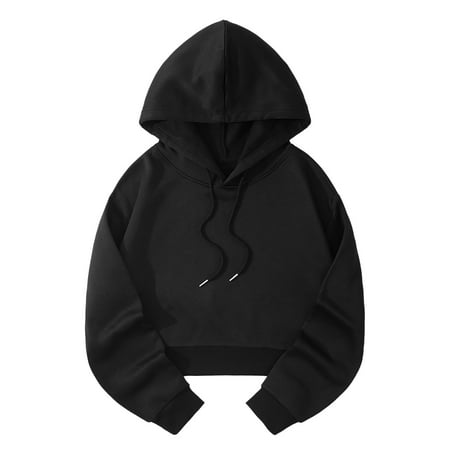 GWAABD Women Hoodies Casual Solid Hooded Loose Sweatshirt Strap Split Long Sleeve Crop Top Black M