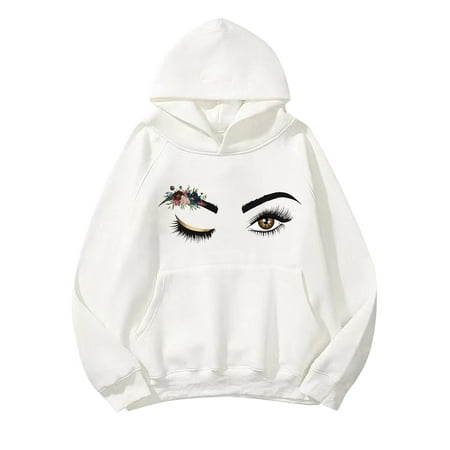 GWAABD Trendy Sweatshirts for Women Solid Basic Letter Loose Hoodie Sweatshirt Long Sleeve Pocket Drop Shoulder Pullovers Top White L