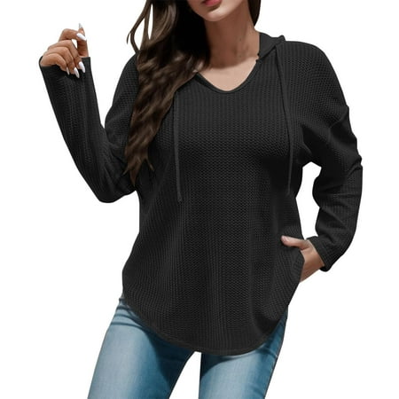 GWAABD Womens Hoodies Trendy 2023 Hooded Drawstring Hoodies Pullover Sweatshirts Casual Long Sleeve Tops Shirts Black L