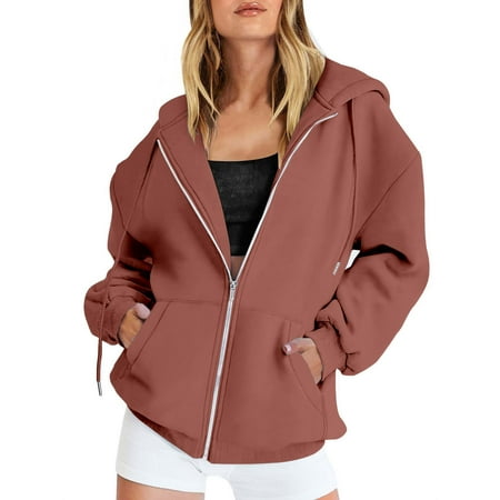 Noarlalf Womens Coats  Fall Jacket Oversized Pocket Sweatshirt Drawstring Clothing Zipper Track Jacket Solid Color Long Sleeve Top Zip up Hoodie Jacke