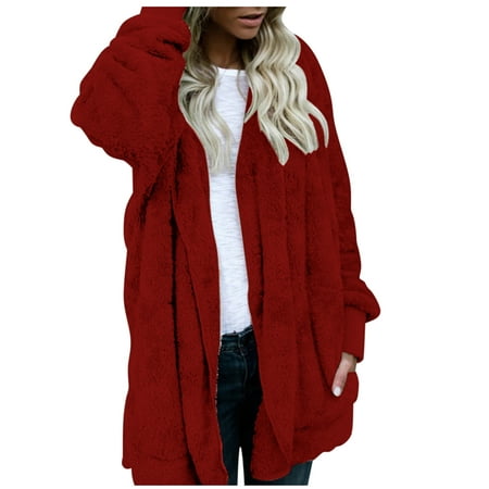Noarlalf Cardigans for Women  Women S Winter Solid Color Plush Warm Cardigan Mid-Length Double-Sided Jacket Loose Outercoat with Pocket Jackets for Wo