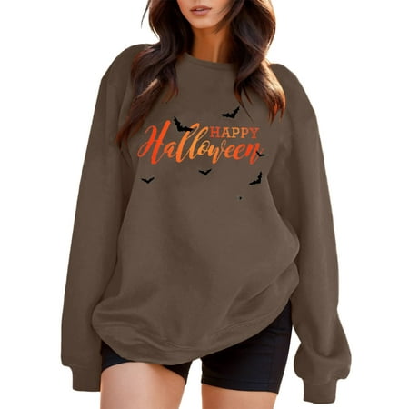 GWAABD Loose Sweatshirts for Women Letter Print Oversized Sweatshirt Long Sleeve Pullover Crew Neck Loose Blouse Drop Shoulder Sweater Brown S