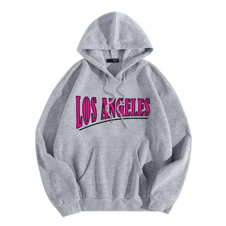 GWAABD Women Basic Hoodie Letter Print Loose Pullover Trendy Fall Winter Hoodie Long Sleeve Drawstring Hooded Sweater Drop Shoulder Sweatshirts Grey M