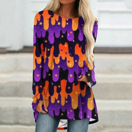 Jyeity Girls Fashion Summer Print Round Neck Loose Long Sleeve T-shirt Tops Blouse Pullover Starbuckes Halloween Black Size XXL(US:12)