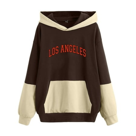 CLZOUD Sweatshirt for Women Hoodies Letter Graphic Print Pullover Color Block Patchwork Hoodie Casual Sweatshirt Long Sleeve with Pocket Tunic Tops Br